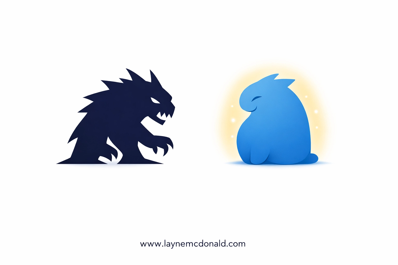 Illustration of a dark silhouette transforming into a glowing blue shape, symbolizing redemption and grace.