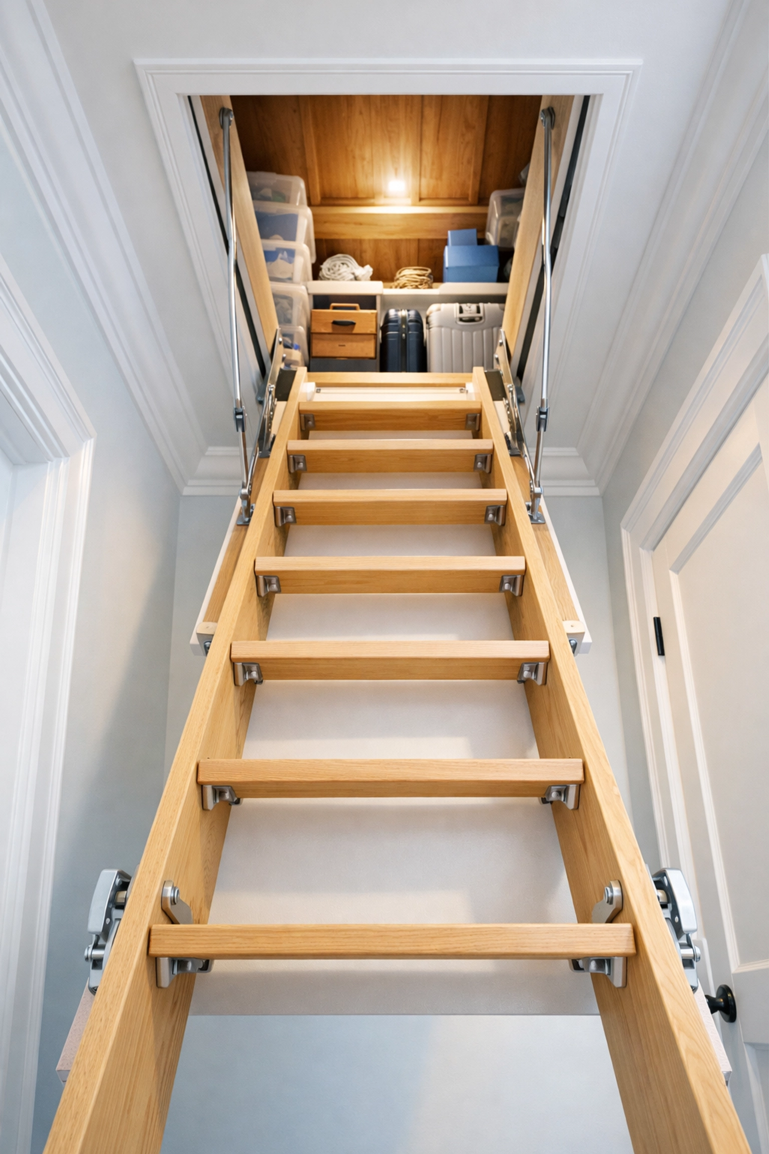 Clean and bright attic pull-down stairs in a Lunenburg home after expert cleaning.