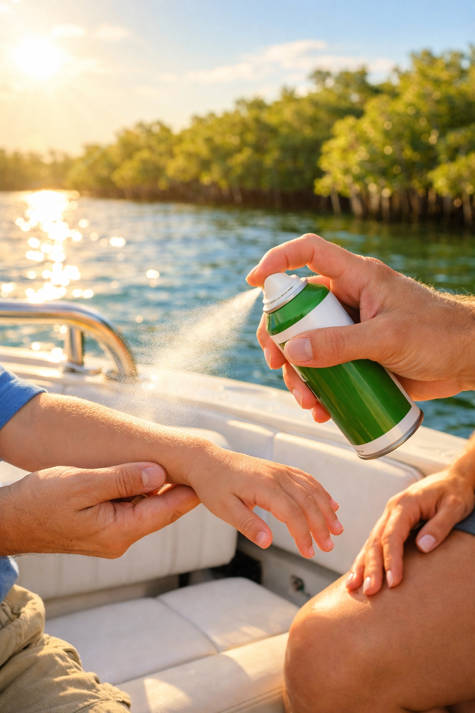 Applying insect repellent on Florida boat tour deck with lagoon views