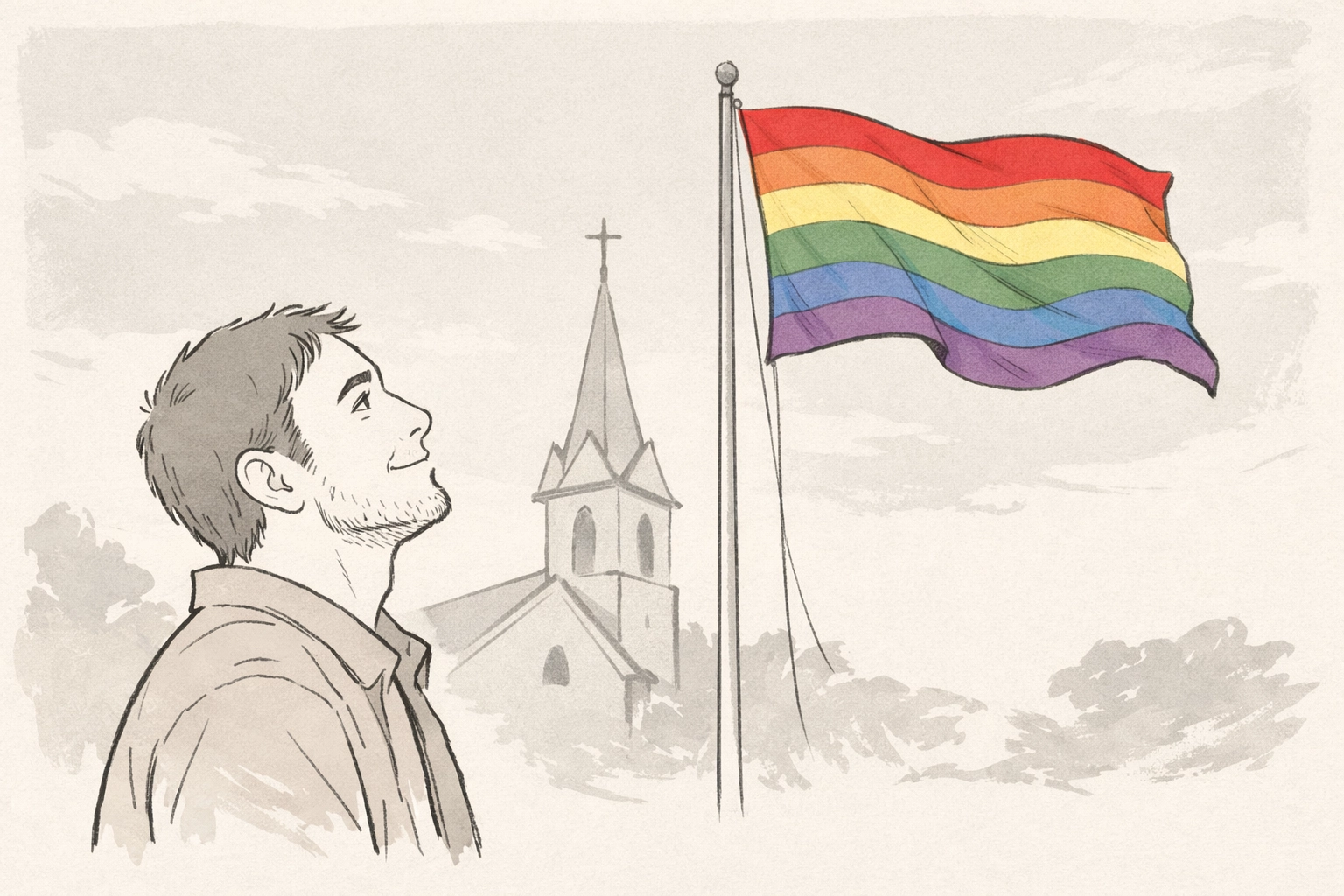 Man discovering hope at LGBTQ+ affirming church with rainbow flag symbol