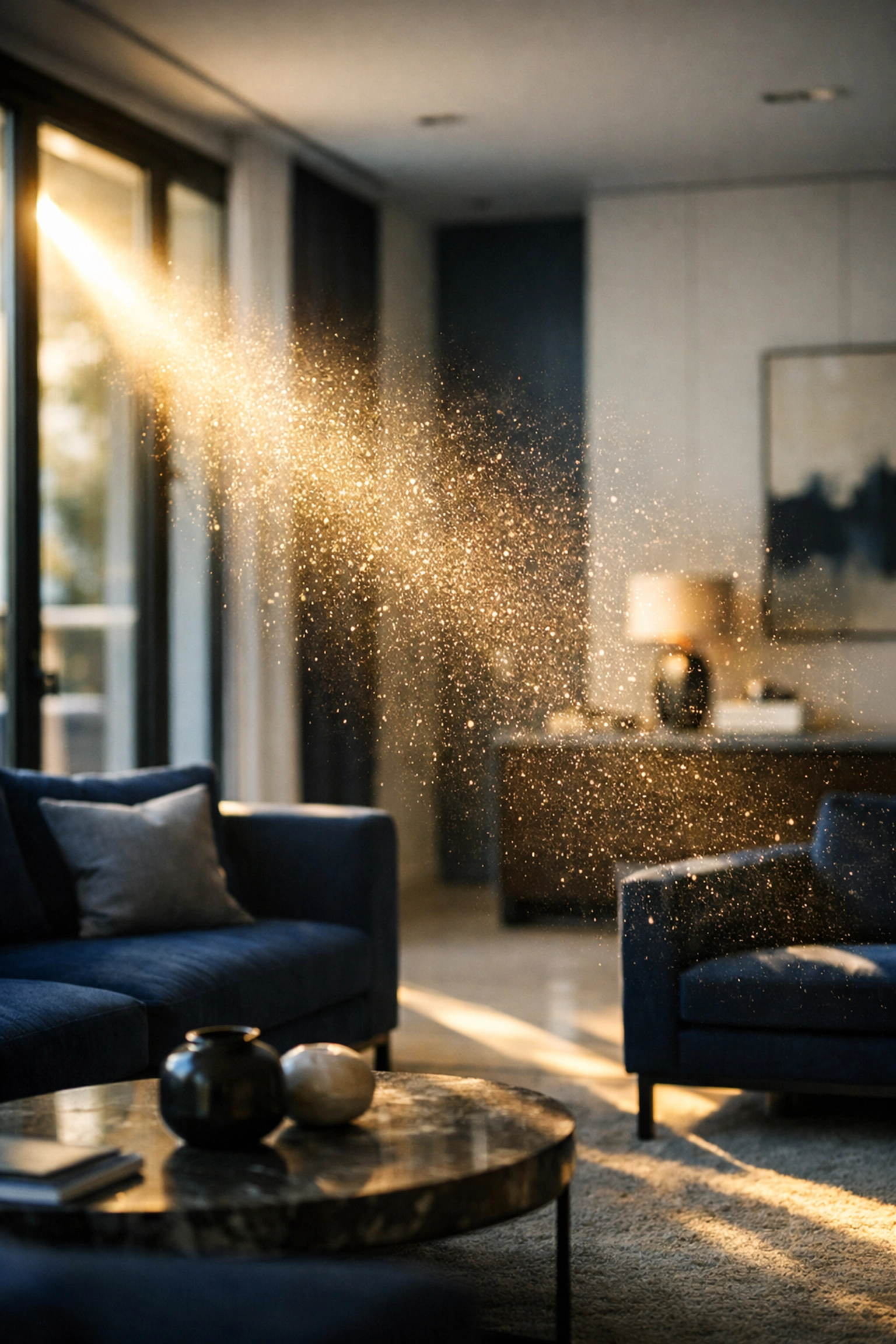 Sunbeam illuminating microscopic construction dust particles suspended in a modern living room.