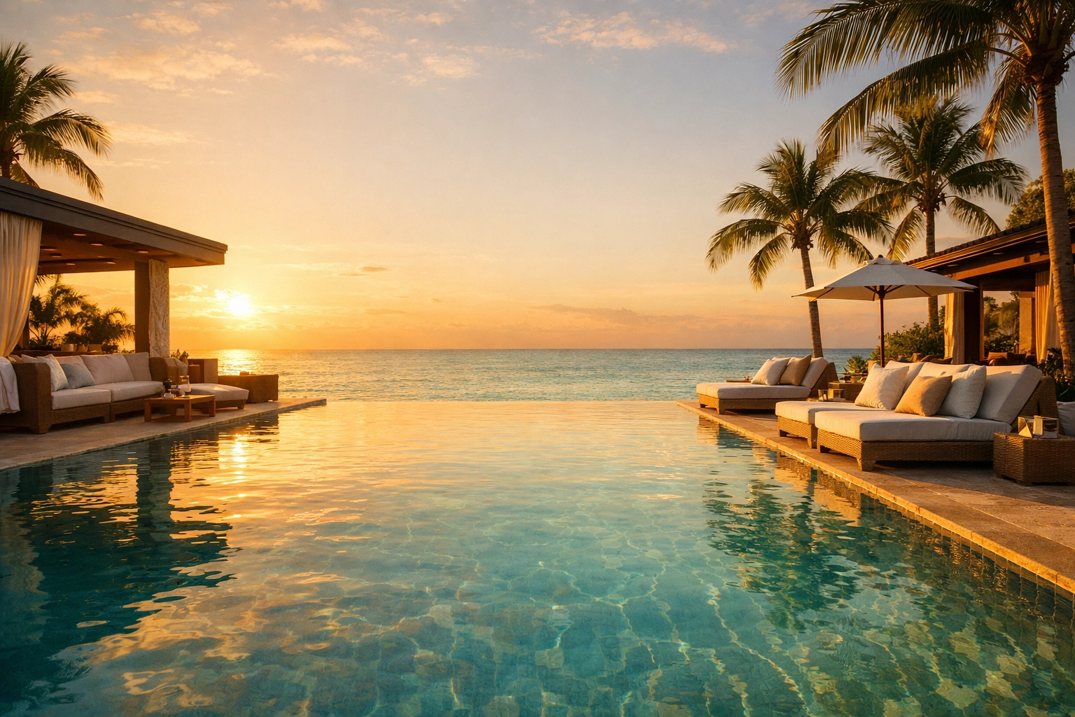 Luxury beachfront villa infinity pool overlooking ocean at sunset with palm trees and lounge chairs