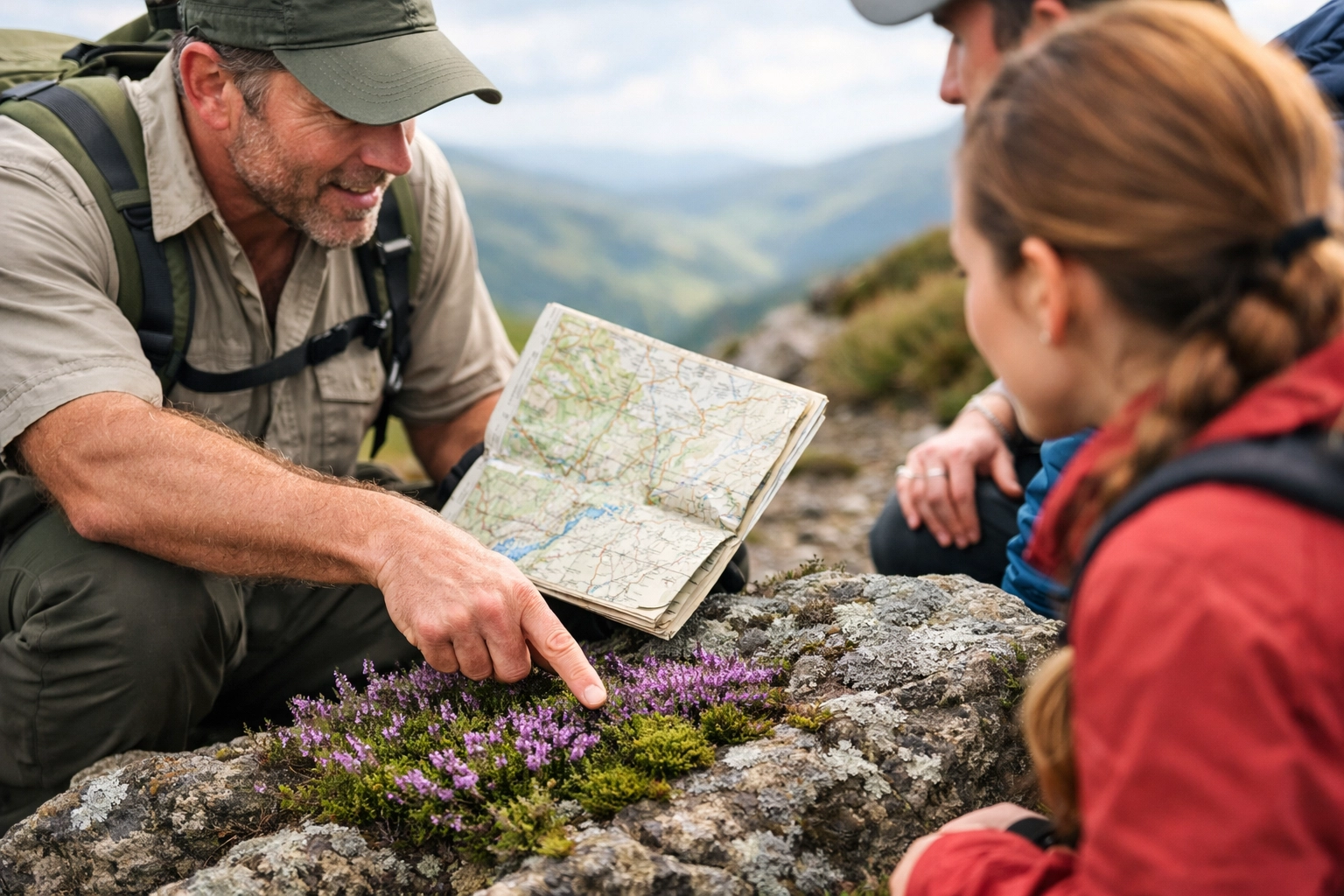 An expert hiking guide points out local flora to a small group on a rugged trail in the UK.