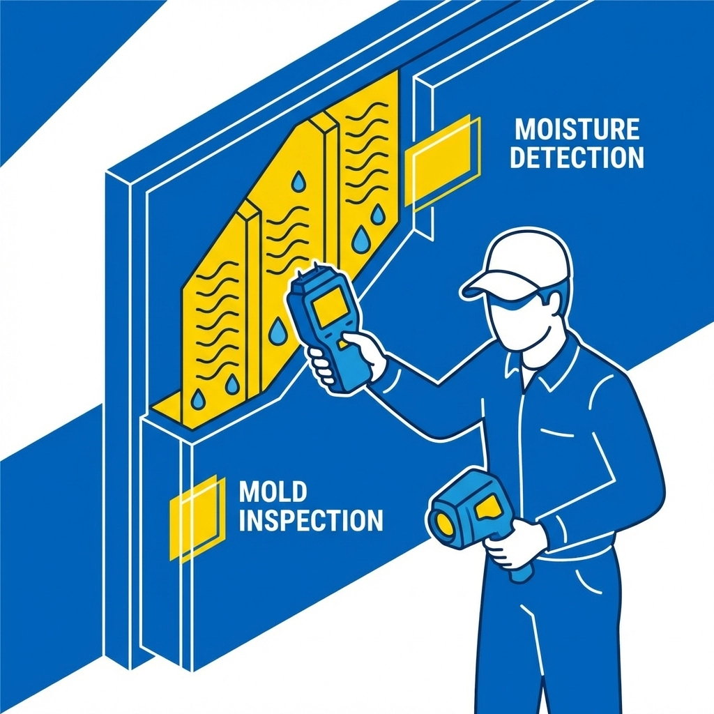 Professional performing a mold inspection using specialized tools to detect hidden moisture in a home.