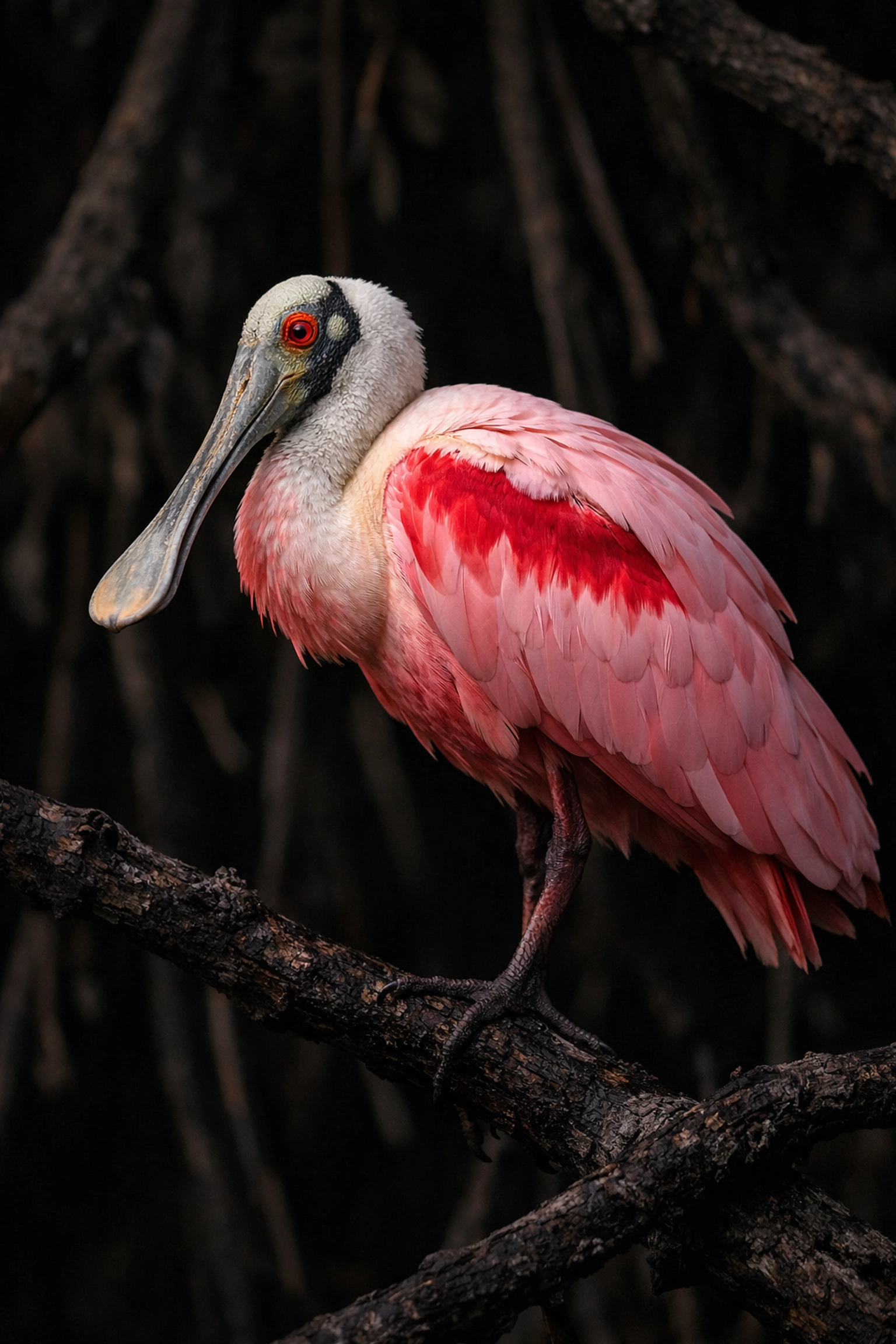 The Ultimate Guide to Everglades Wildlife Photography: Everything You Need to Succeed 5 A stunning Roseate Spoonbill with vibrant pink feathers perched on a mangrove branch in the Florida Everglades.