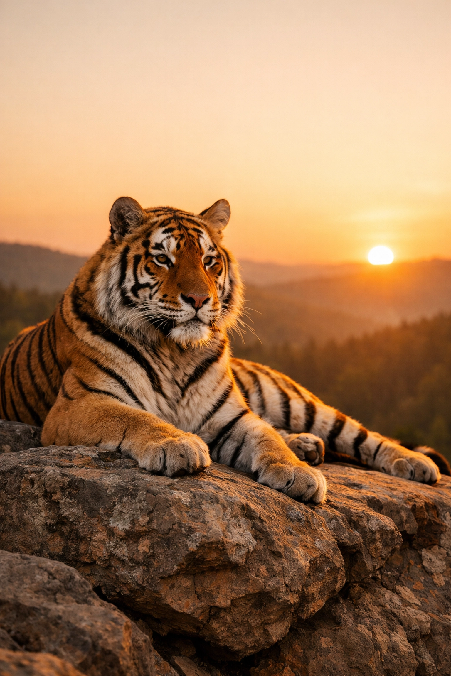 Majestic tiger resting on rocks at sunset, a high-quality stock photo for conservation media.