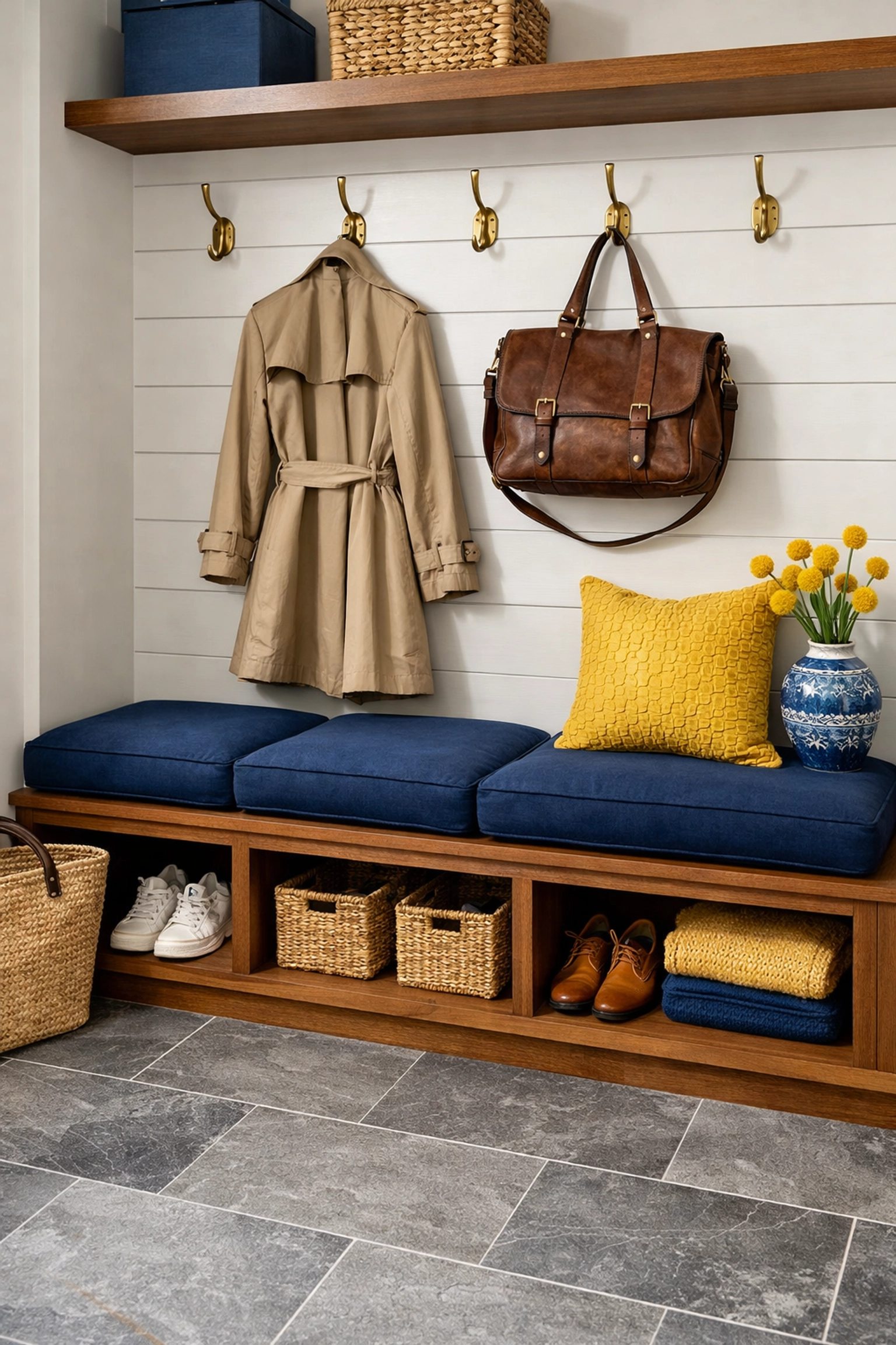Functional mudroom with storage bench and hooks to keep coats and bags off the entryway floor.