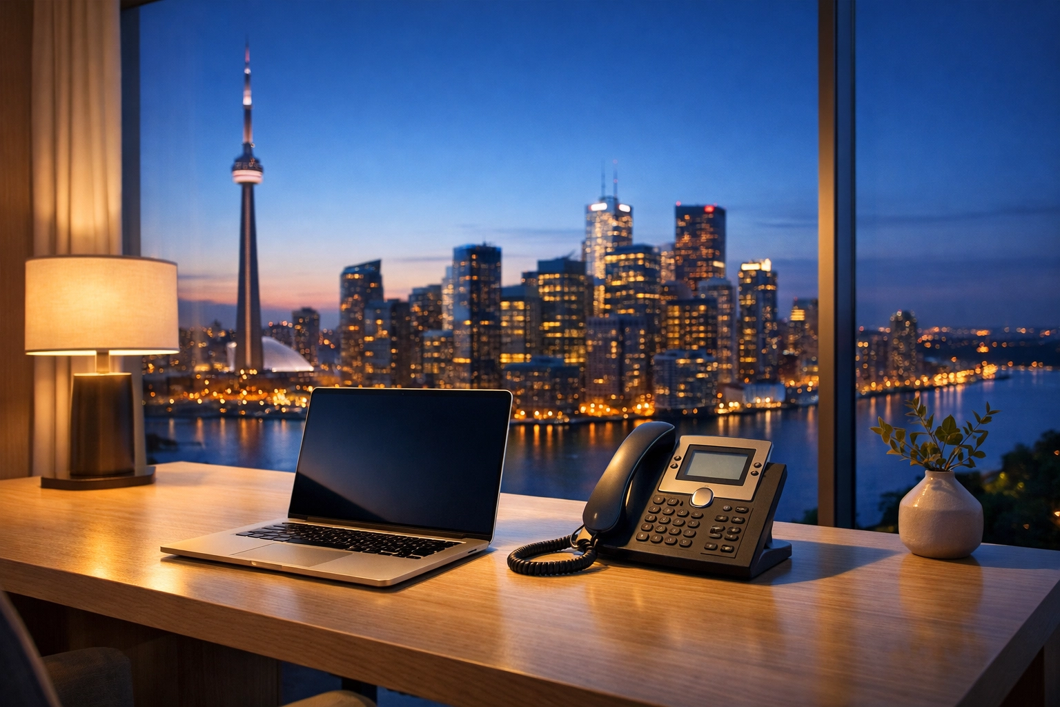 Remote home office in Toronto with a business VoIP Canada phone system and skyline view.