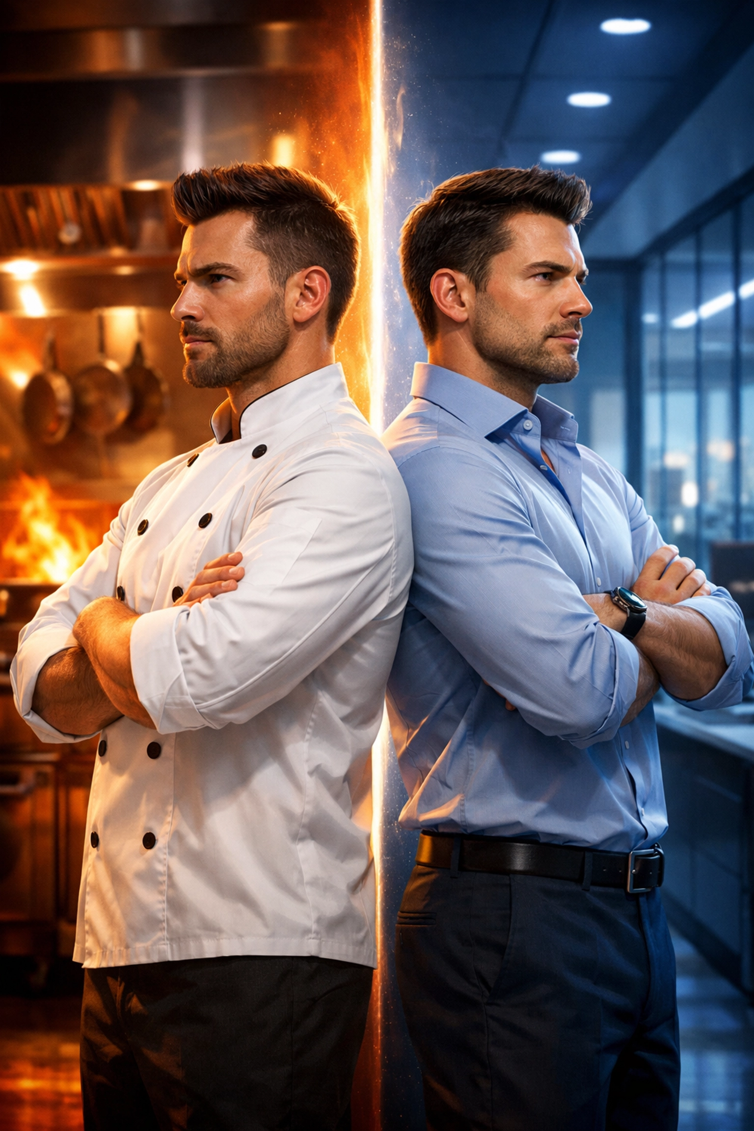 Professional rivals in MM romance: chef and businessman standing back-to-back in opposition