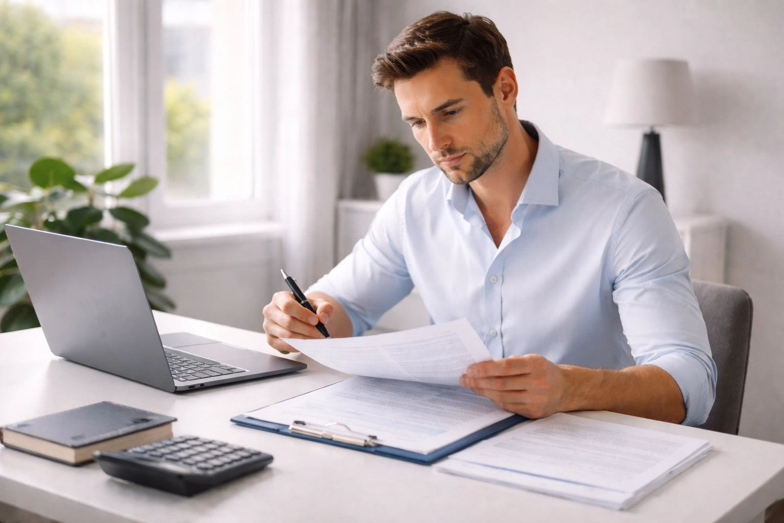 VModern residential property for investment. Investor reviewing hard money loan documents at a modern desk, illustrating careful decision-making in real estate investment search.