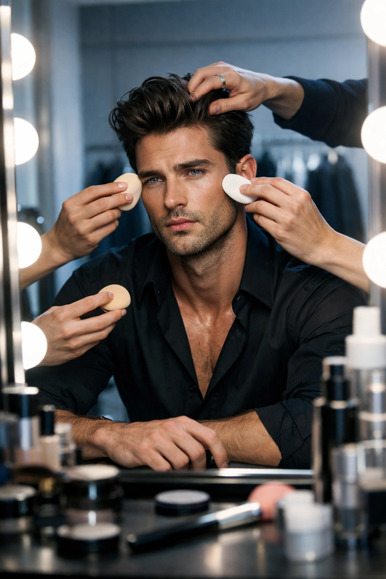 Professional male model being prepped for a shoot, showcasing the gritty reality of the beauty business in MM romance.