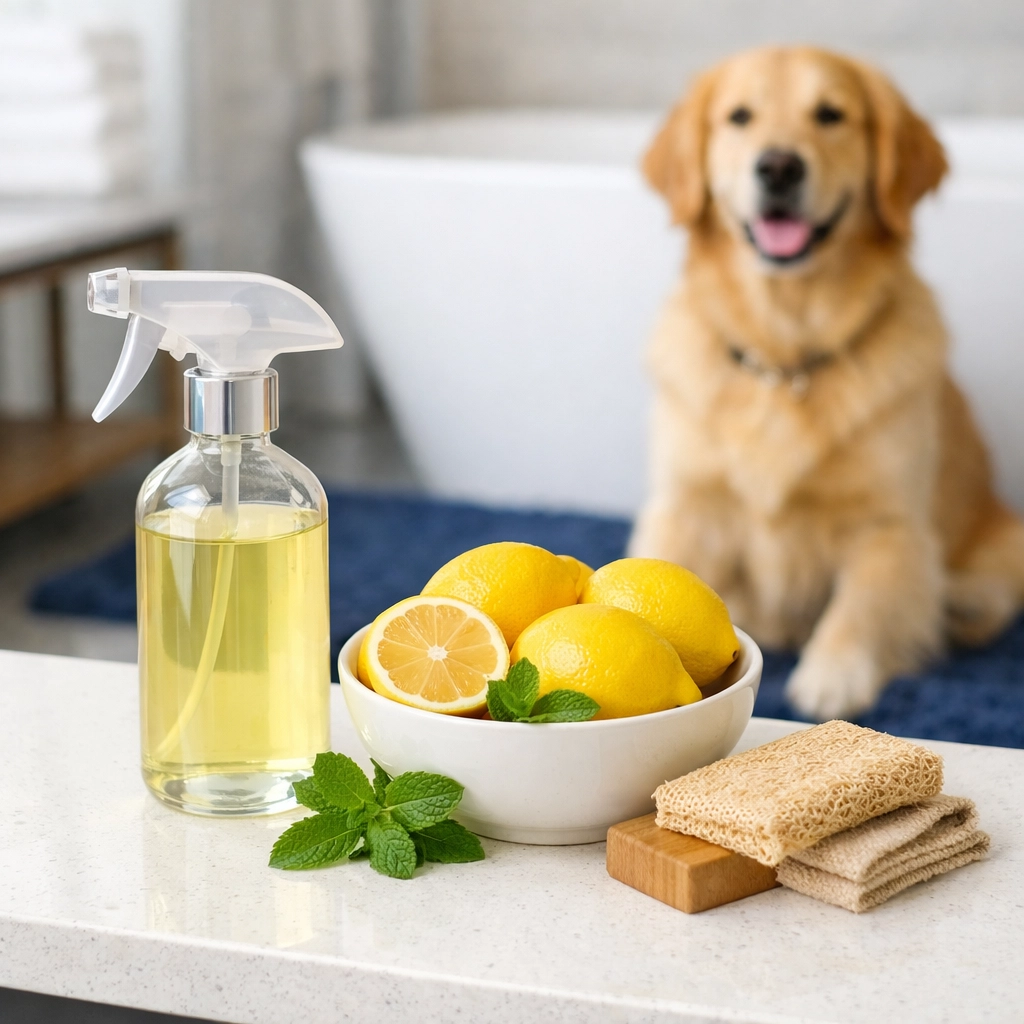 Pet-safe, eco-friendly house cleaning Newton MA products and natural ingredients in a modern bathroom.
