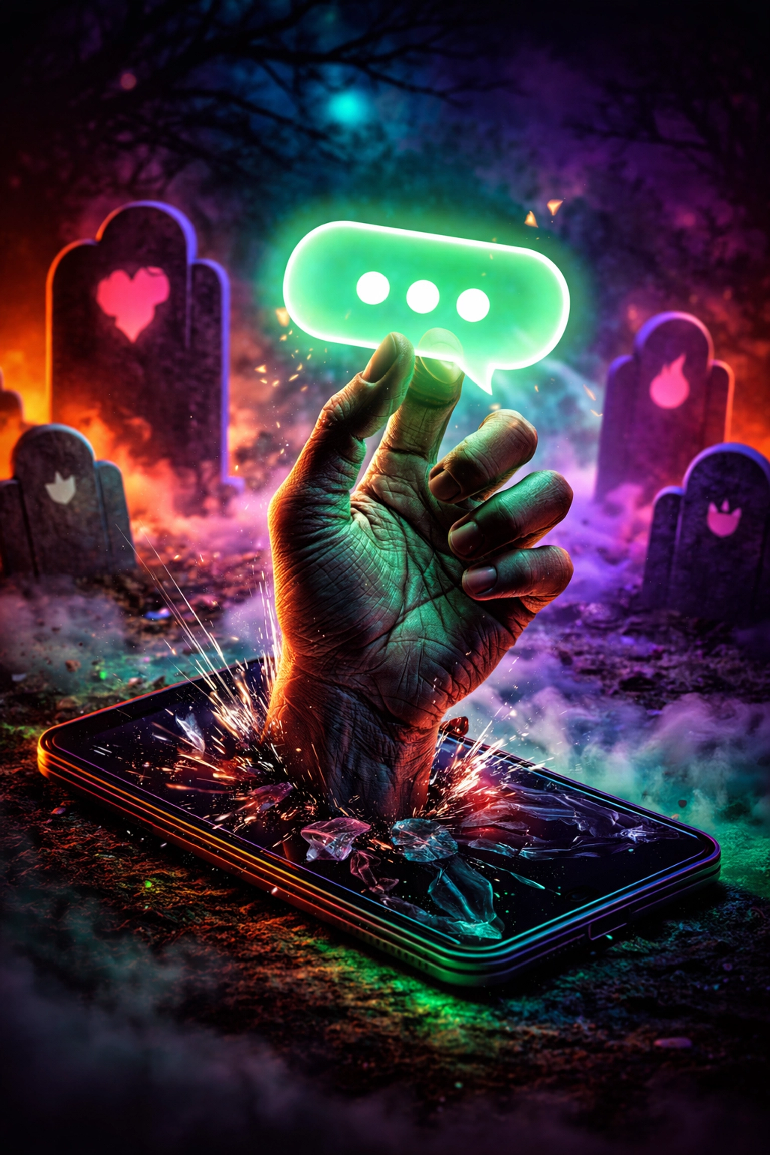 A zombie-like hand reaches from a smartphone in a neon graveyard, representing zombieing in dating