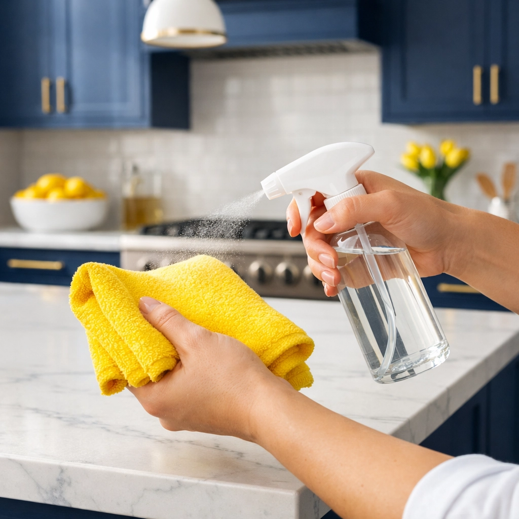 Applying product to a yellow microfiber cloth for efficient house cleaning in Lowell MA.