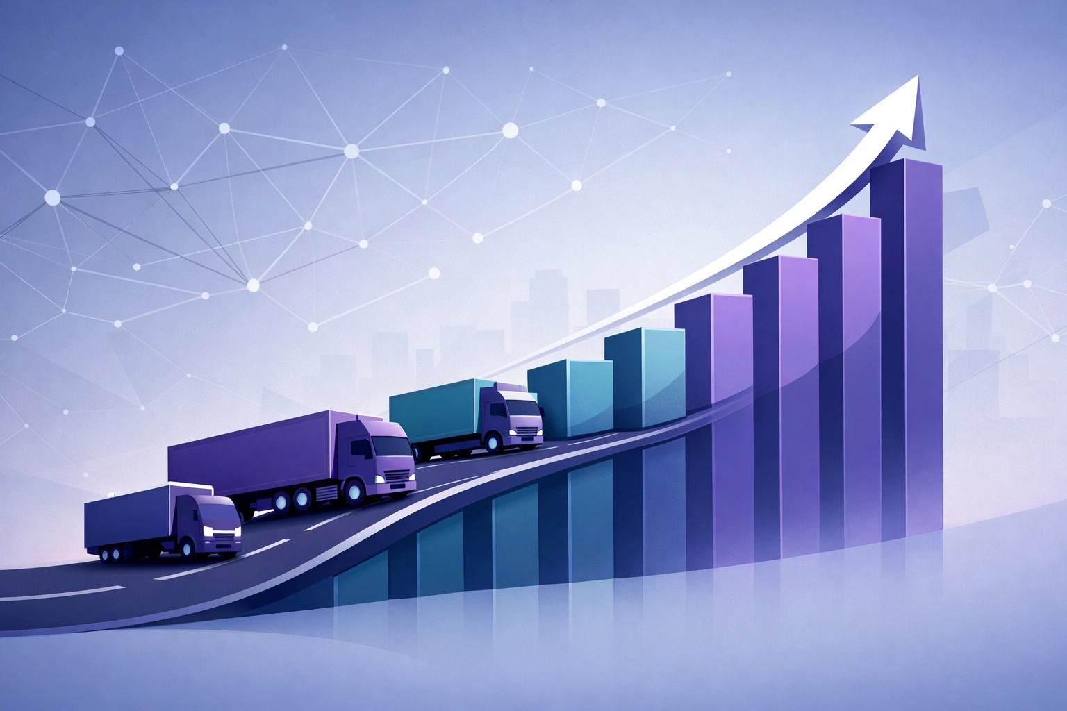 HGVs moving on a road shaped like a bar chart, highlighting the efficiency of strategic HGV driver recruitment.
