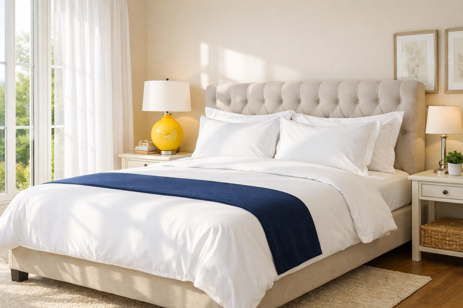 Pristine sun-drenched master bedroom cleaned by affordable house cleaning services near me.