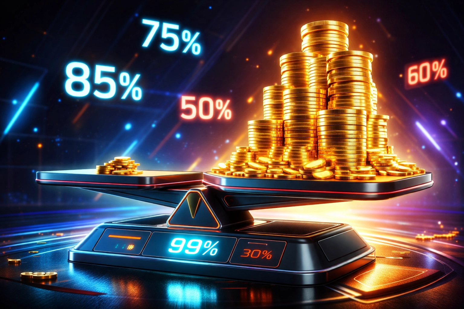 Digital scale with overflowing gold coins showing huge merchant savings in self-custody crypto payments