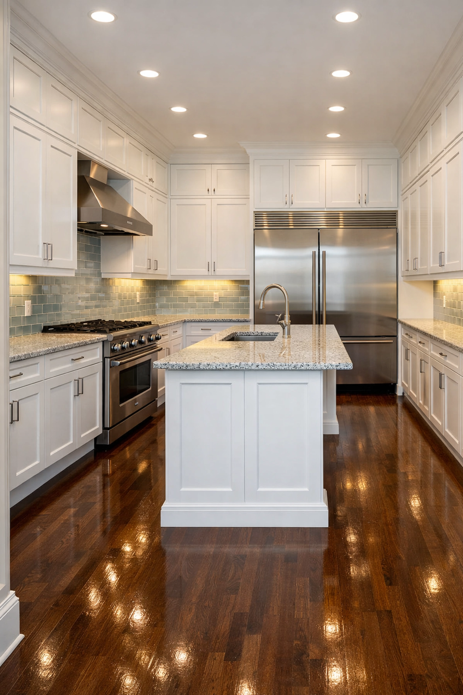 Empty modern kitchen in Lowell following an intensive move-in move-out cleaning for a new resident.
