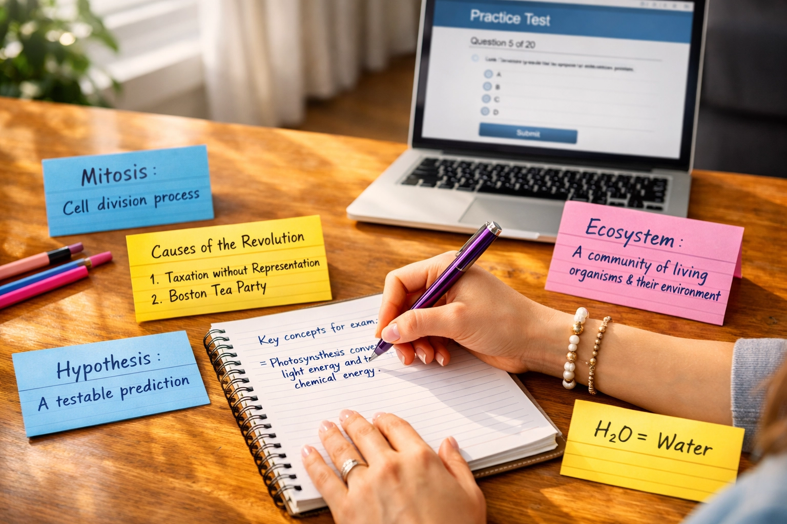 Handwritten study notes and colorful flashcards for CLEP test preparation