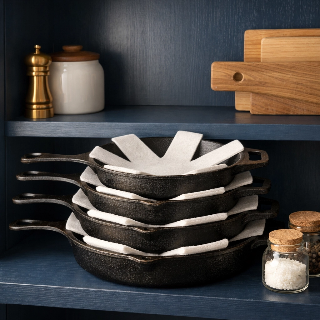 Organized storage of cast iron skillets with protective liners on a modern shelf.