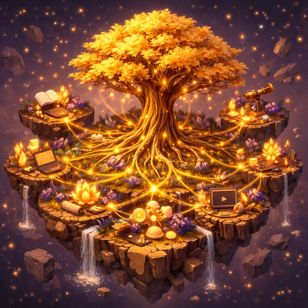 An interconnected island ecosystem with a central pillar tree, illustrating an SEO content cluster strategy.