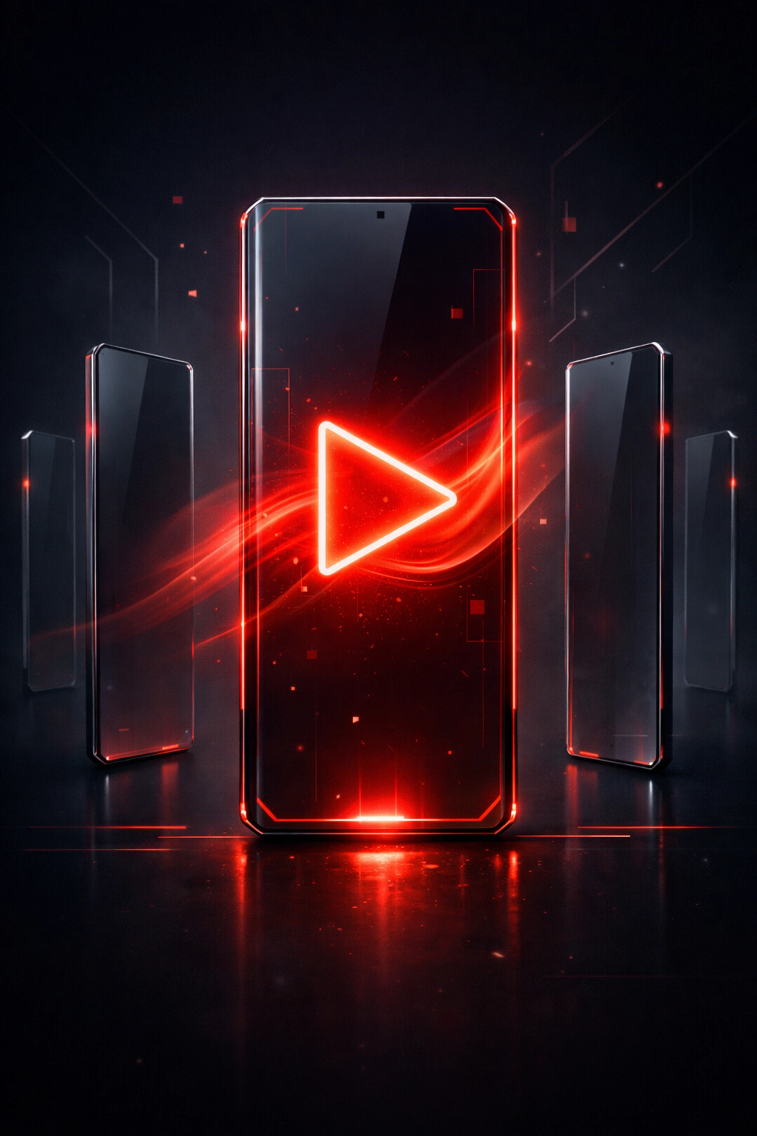 Glowing play icon on vertical screens representing mobile video SEO and short-form content marketing.