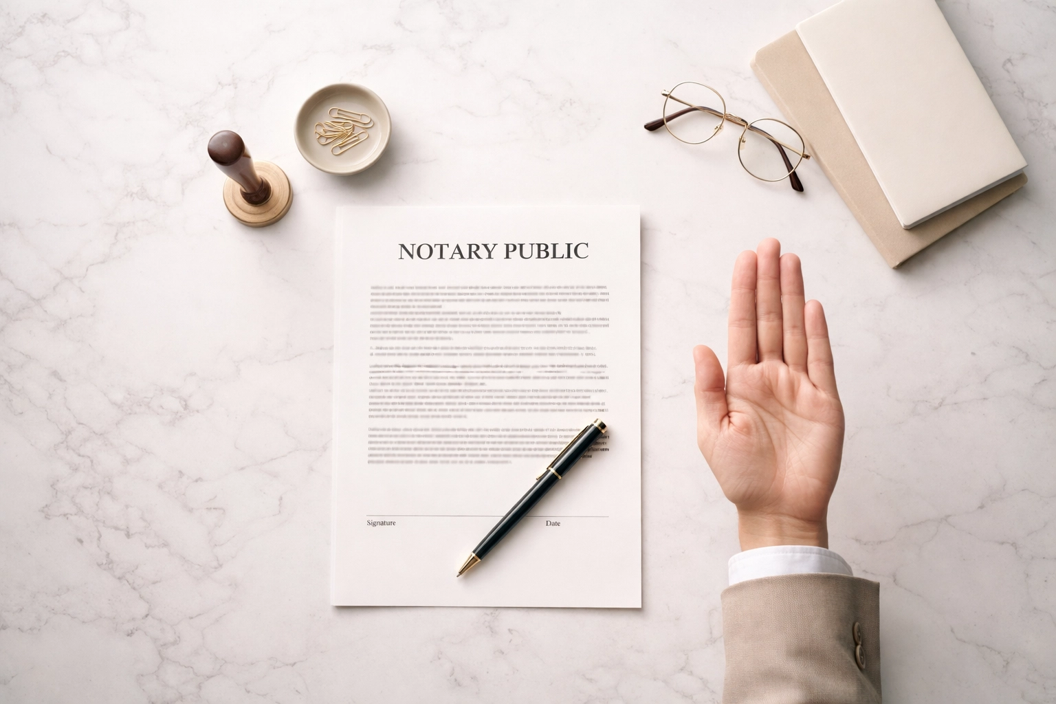 Overhead view of notary workspace with raised hand and document, symbolizing oath during jurat notarization.
