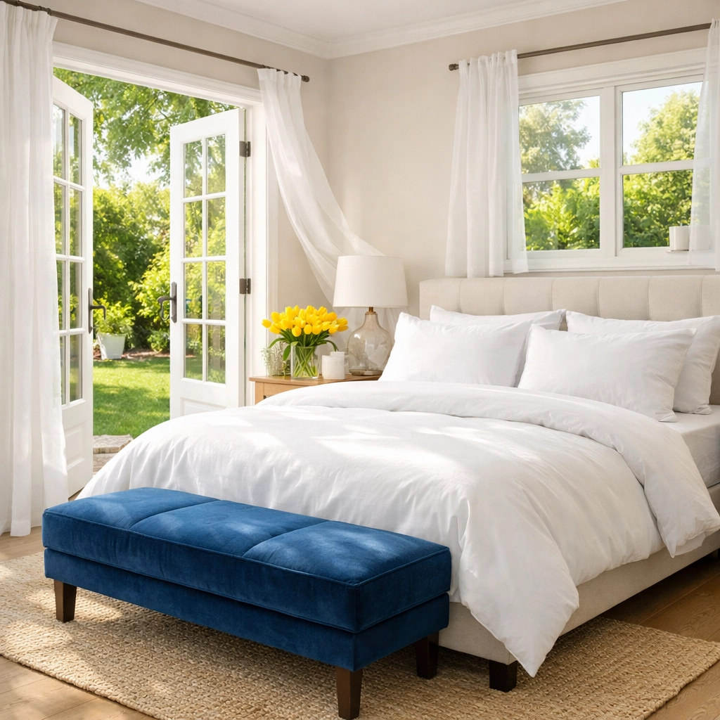 A clean, allergen-free master bedroom maintained by eco-friendly residential cleaning Massachusetts.