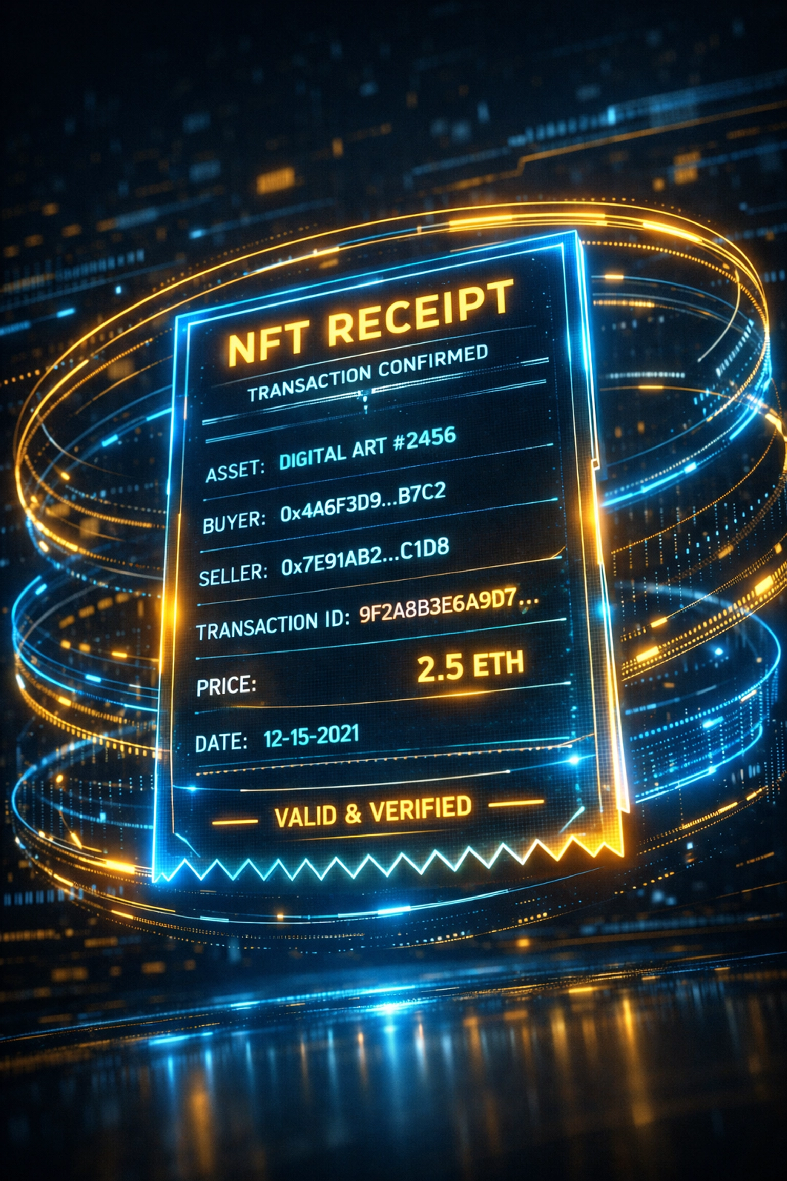NFT receipt with blockchain transaction data showing immutable proof for zero chargeback risk