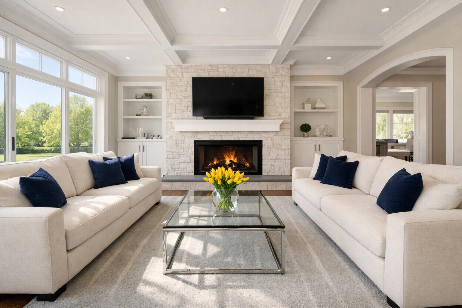 Clean living room in North Andover with crisp vacuum lines, perfectly maintained by weekly house cleaning.