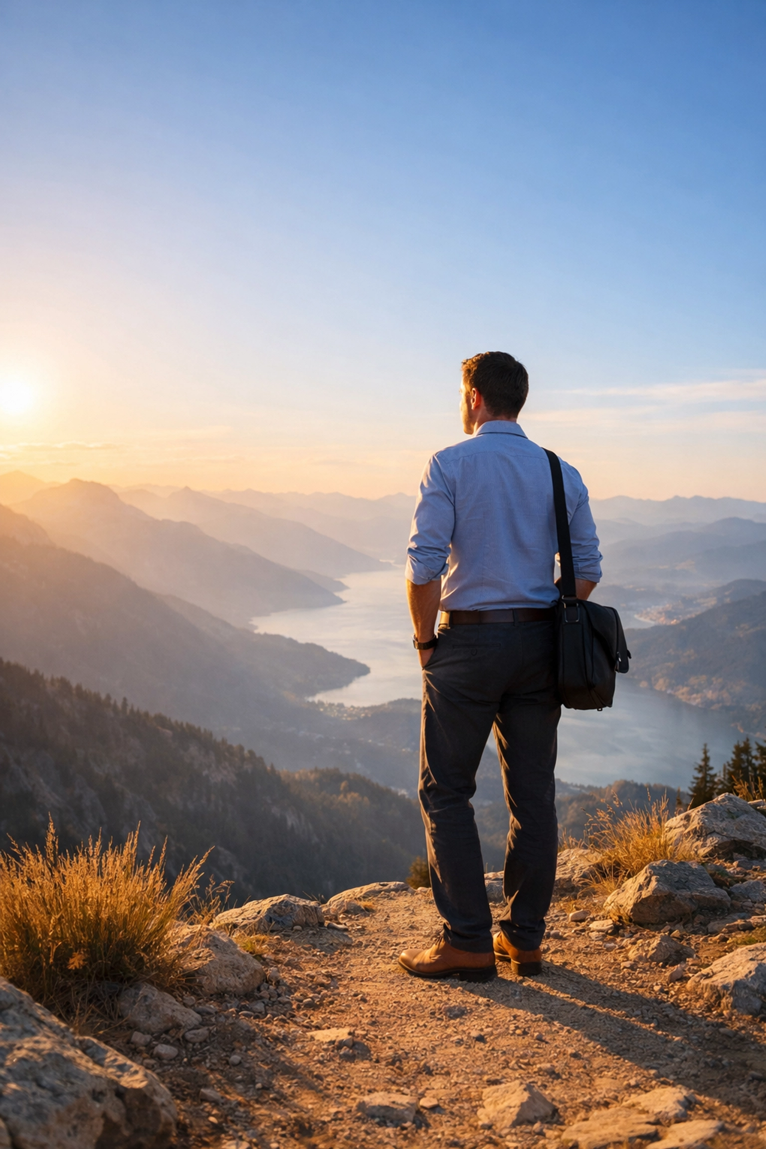 Leader standing at overlook gaining perspective while navigating change and uncertainty