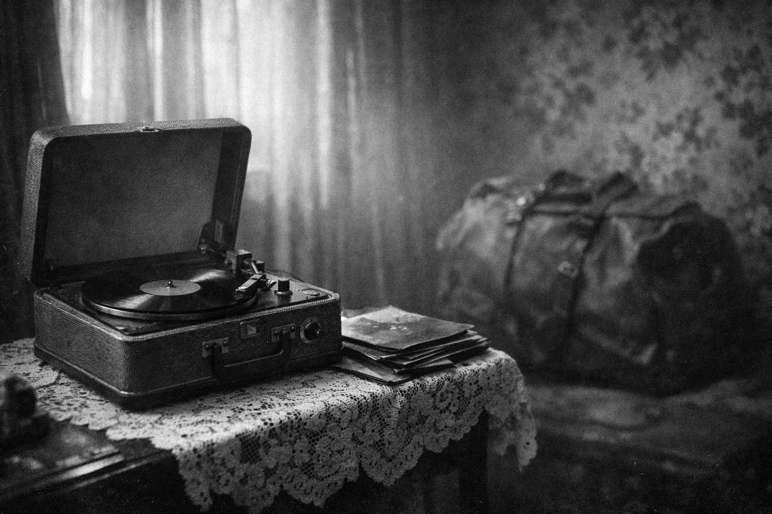 Vintage record player and military gear in a 1950s German home during Elvis Presley's army service.