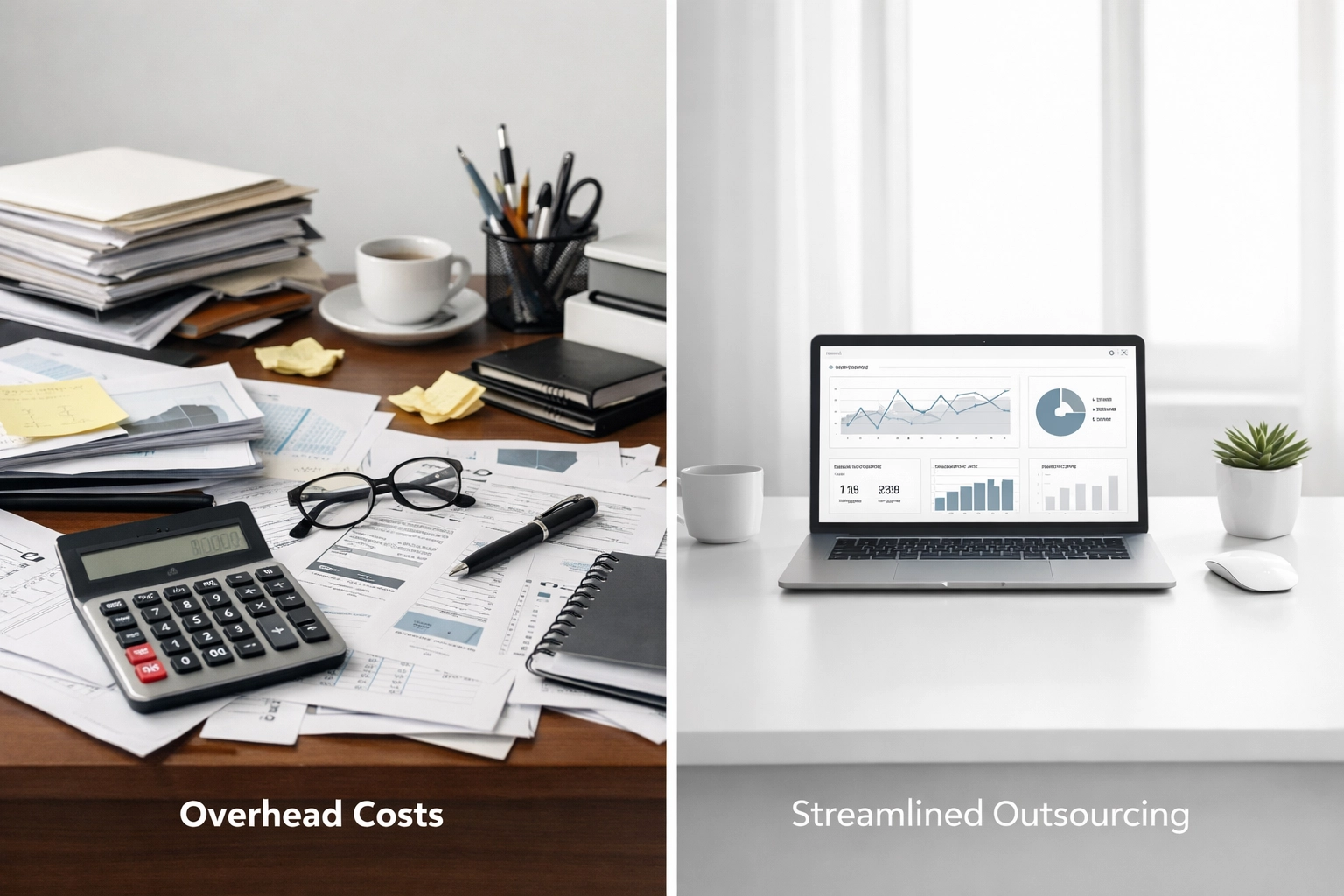 Cost comparison: cluttered in-house desk versus streamlined outsourced support