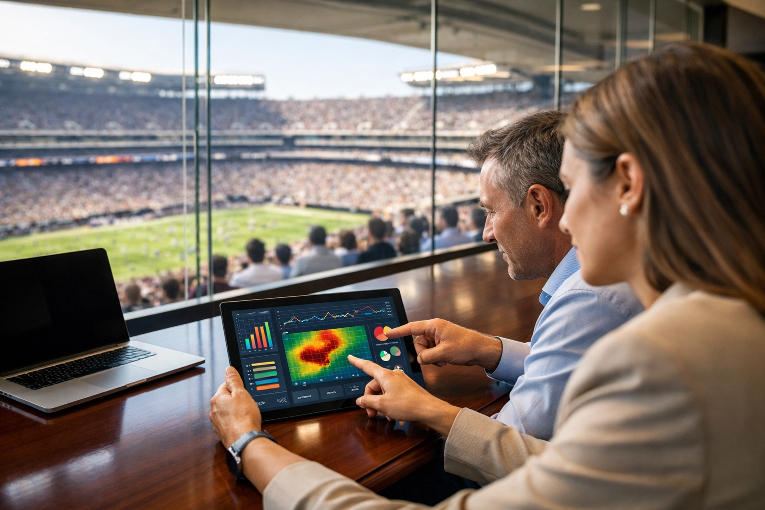 Dakdan Worldwide professionals analyzing sports advertising network data in a stadium boardroom.