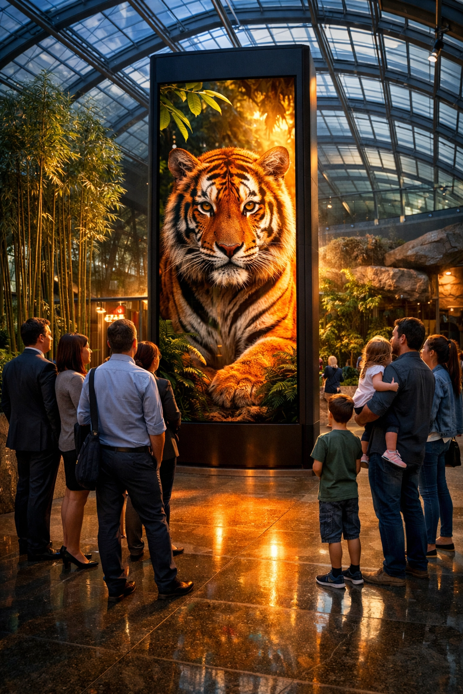 Diverse zoo visitors interact with a smart venue digital display showing a high-definition animal exhibit advertisement.