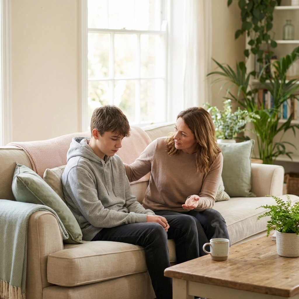 Parent and teen sitting quietly together on a cozy sofa, modeling supportive mental health communication at home.