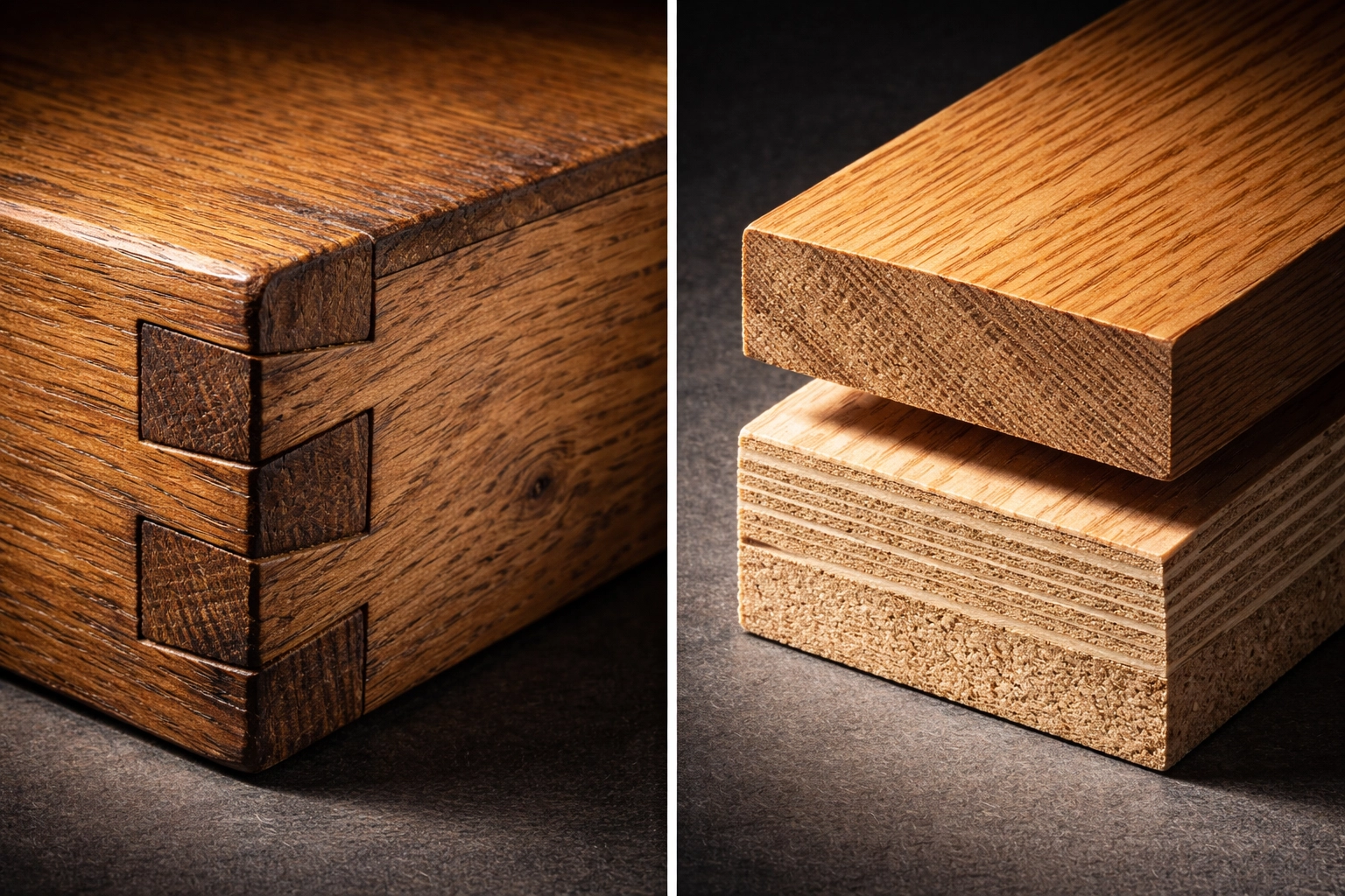 Side-by-side photo compares antique dovetail joints with veneer layers, illustrating how to identify quality wood furniture