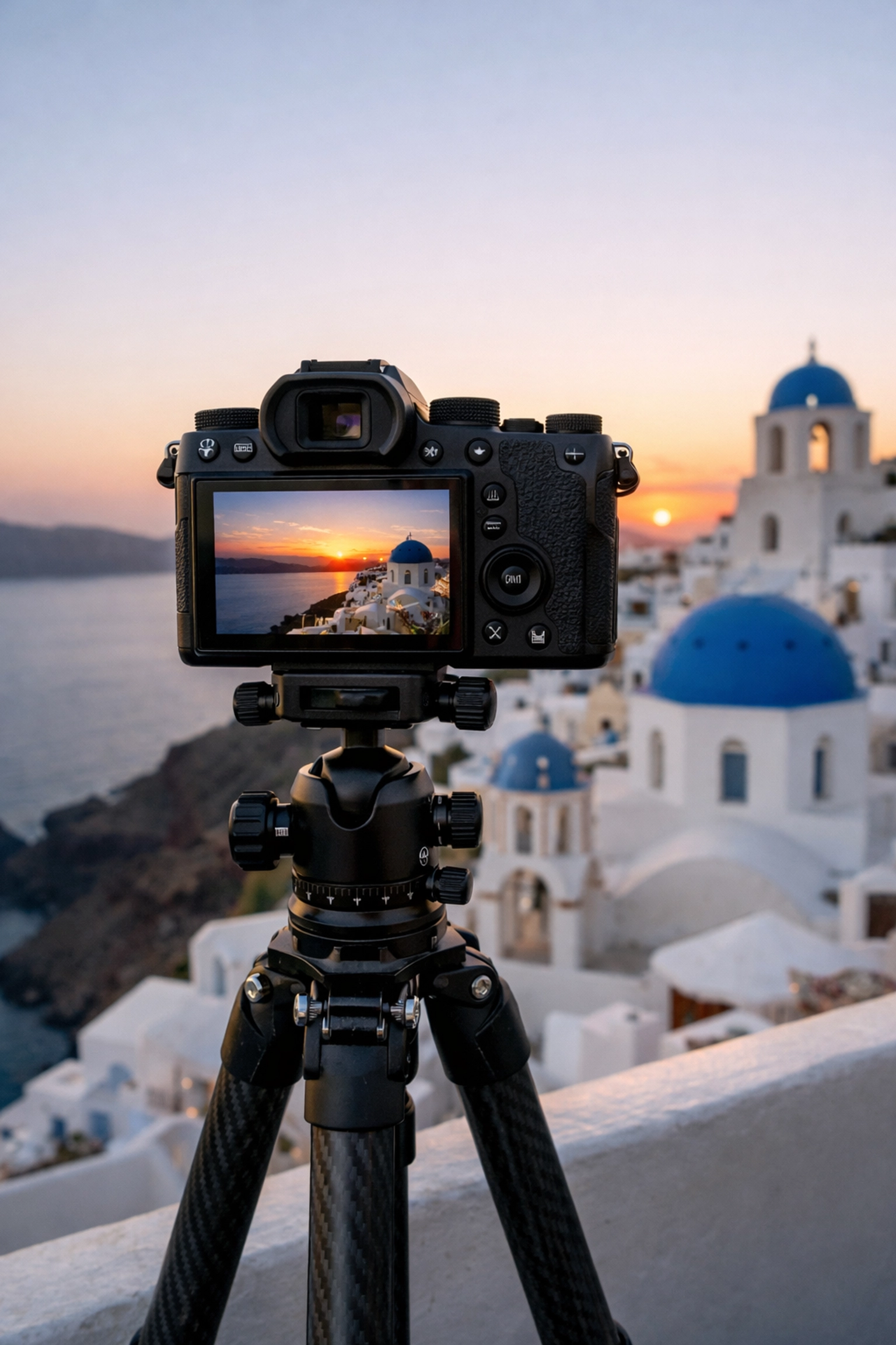 Professional mirrorless camera setup in Santorini for high-end travel photography workflow.