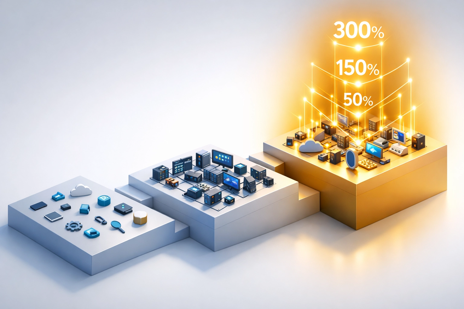 Ascending ROI growth visualization showing 300% returns from integrated ITOM ITAM implementation