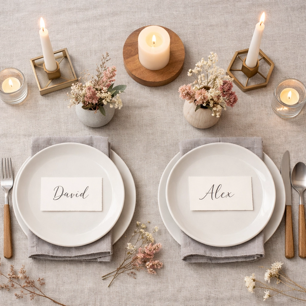 Minimalist Scandinavian gay wedding table setting with candles and wildflowers