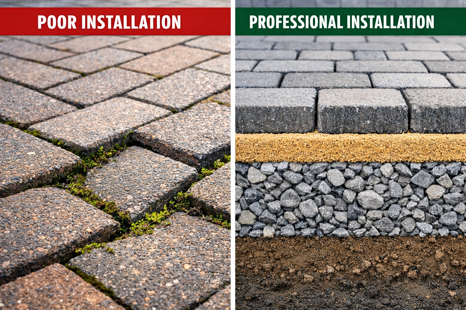 Comparing a sinking driveway to a professional sub-base installation with MOT Type 1 stone.