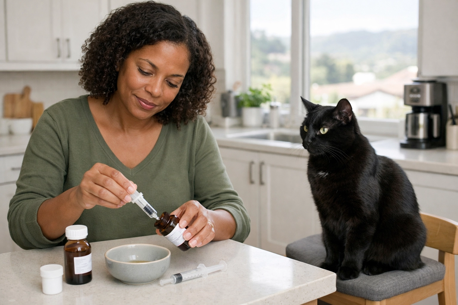 Professional cat sitter in a Bay Area home carefully preparing medication for a black cat in the kitchen.