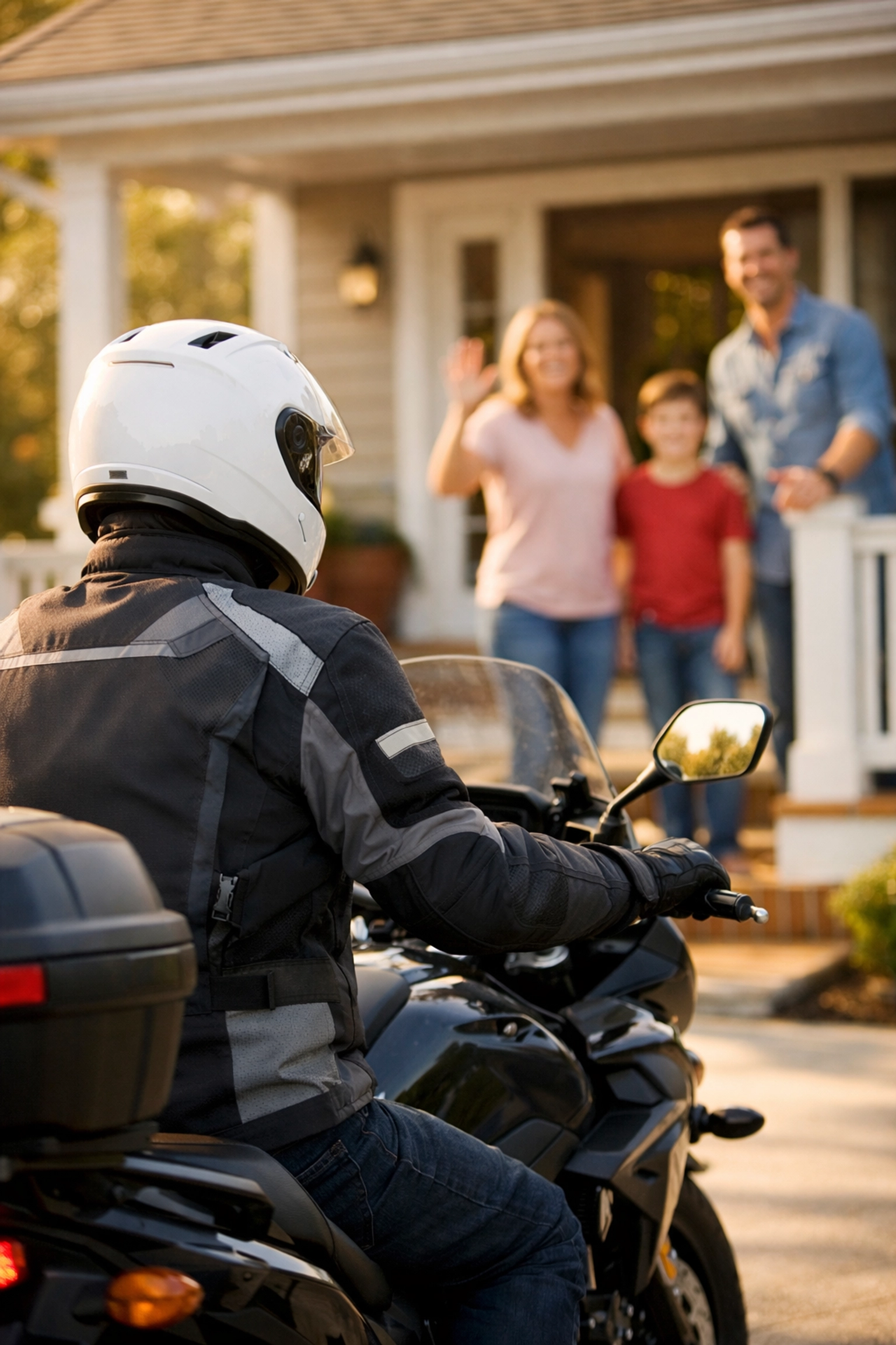 Motorcyclist in safety gear arriving home safely, reflecting Ride Fear Free’s mission to save lives
