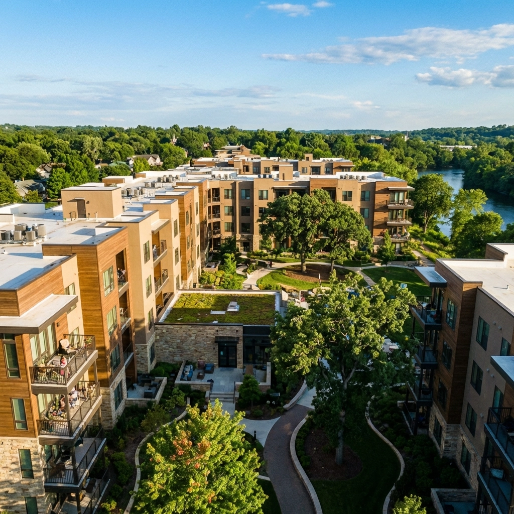 Aerial view of modern multifamily apartment complex, highlighting real estate investment and risk management.