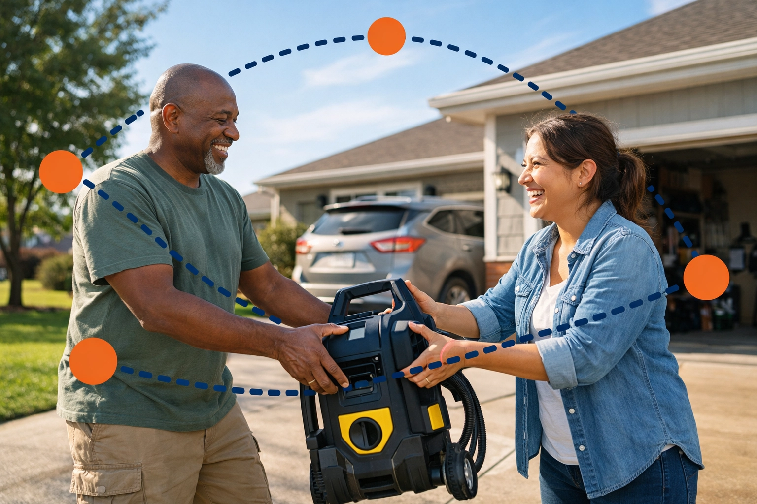 Friendly neighbors sharing equipment in a driveway using the Chartrflex rental app.