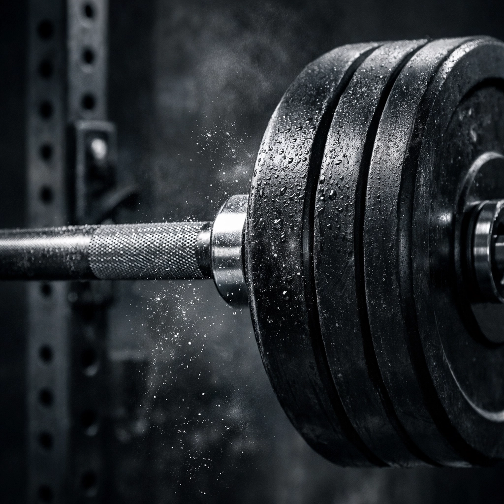 Close-up of an Olympic barbell and bumper plates in a high-performance CrossFit home gym.