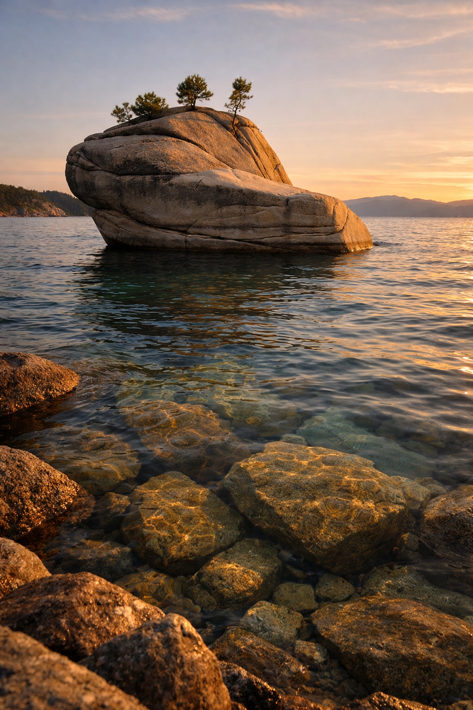 Bonsai Rock at sunset on Lake Tahoe's East Shore with clear turquoise water and granite boulders.