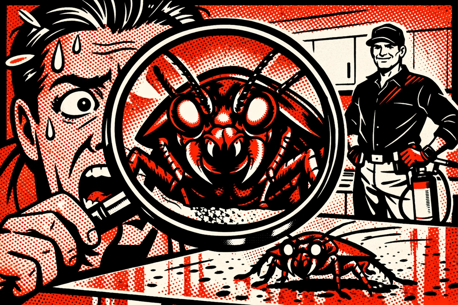 Comic pop art of a Birmingham homeowner identifying a cockroach with a professional technician nearby.