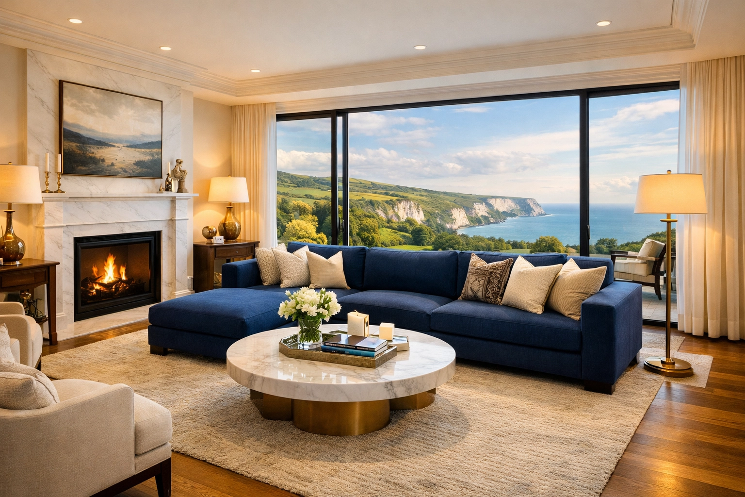 Immaculate living room showcasing luxury house cleaning Dover for high-end residential cleaning Massachusetts.