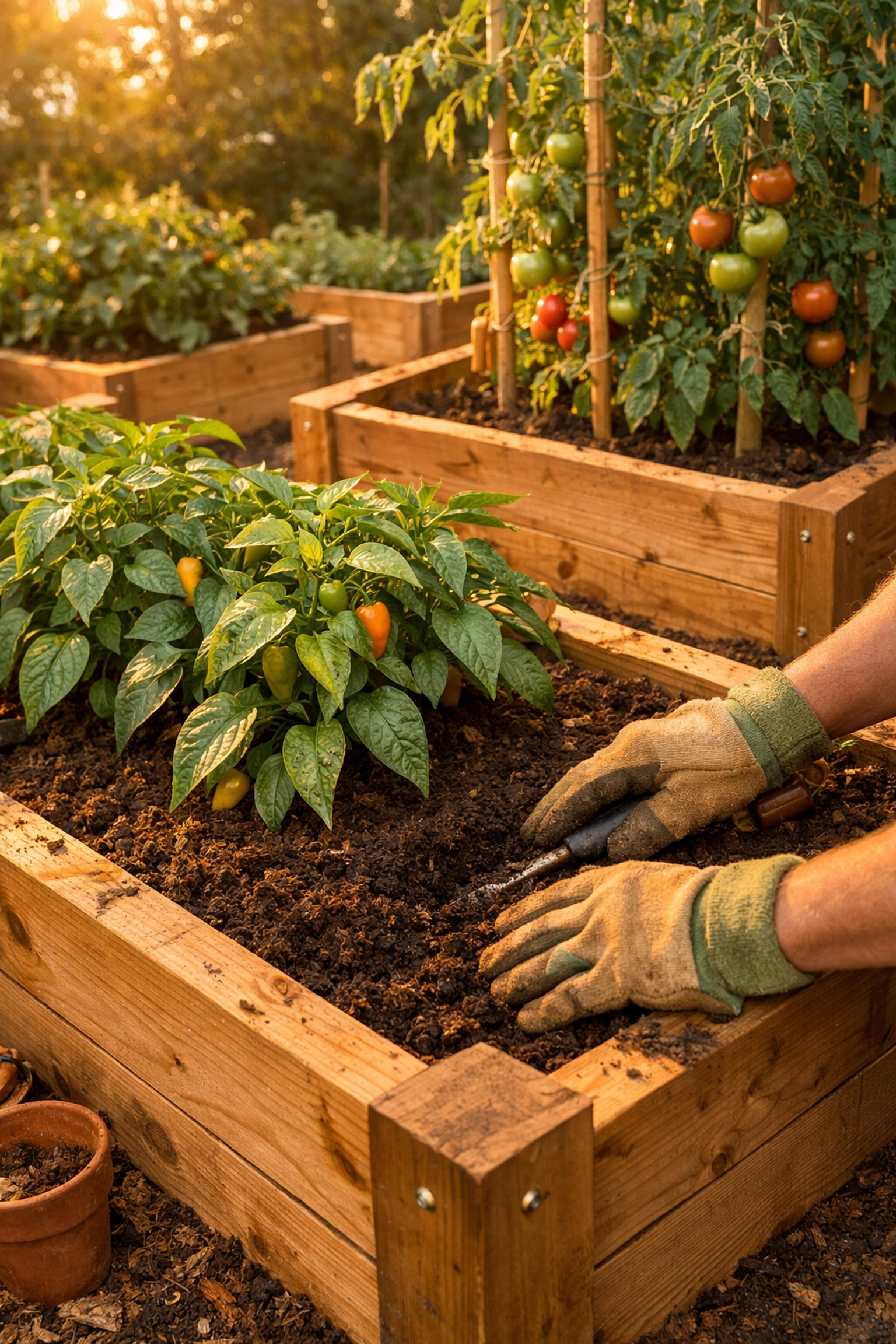 Wooden raised bed garden with pepper and tomato plants and gardener tending rich soil